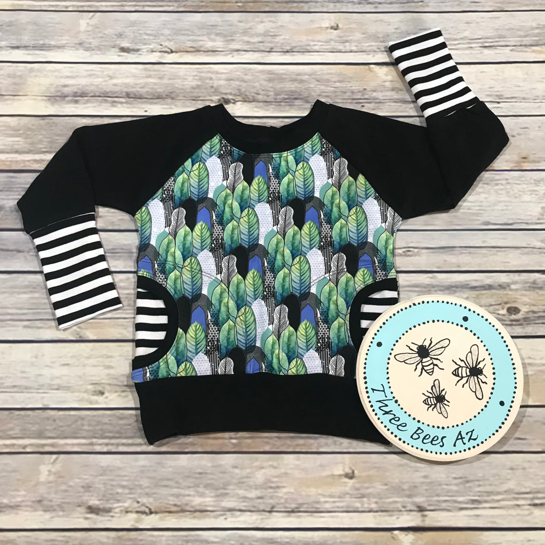 12m-3T Long Sleeve Cotton Shirt with pockets green/blue feathers, black  sleeves and stripes!