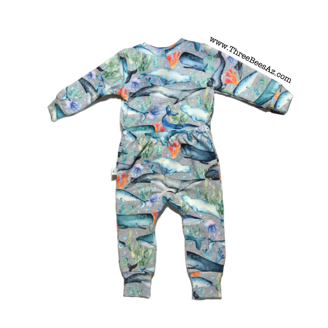 Envelope Snuggle Romper - whales and coral